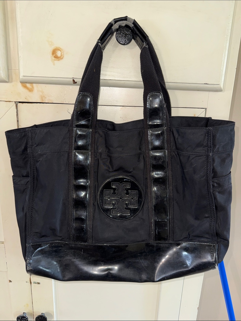 Tory Burch Black Nylon Tote with Patent Trim